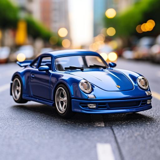 A blue sports car speeding down the highway, deep color, Blind box toys, 64K, high detail