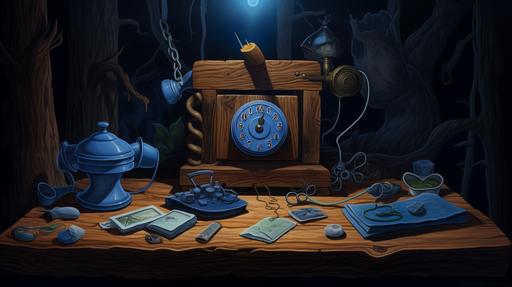 A blue telephone in the drawing style of Gravity Falls TV Show Cartoon and the telephone is placed in the wood mystically, the phone is surrounded with mystic objects and knowledge, the tone of the picture is blue, 16k, super detail, ultra realistic, artwork master, --ar 16:9 --s 50
