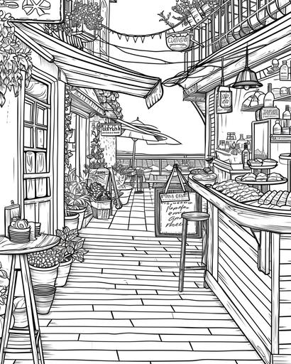 A boardwalk with beach shops and cafes, coloring page for adults, thick lines, black and white, greyscale --ar 4:5 --v 6.0