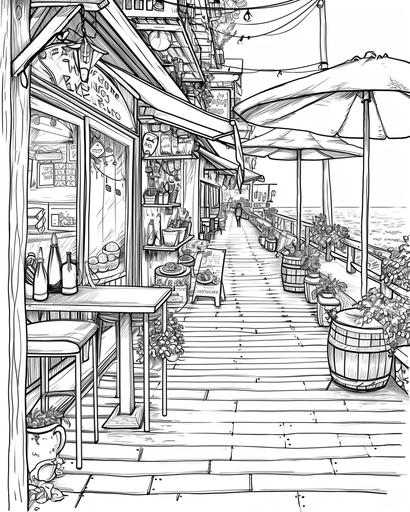 A boardwalk with beach shops and cafes, coloring page for adults, thick lines, black and white, greyscale --ar 4:5 --v 6.0