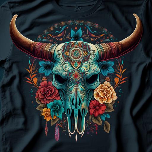A boho cow skull adorned with intricate mandala patterns, feathers, and flowers, creating a fusion of bohemian and Western styles. Artwork styled in a detailed and ornamental manner, with vibrant colors and intricate designs. Mood of the artwork is boho, artistic, and spiritually inspired. Lighting style featuring warm and mystical lighting that adds to the spiritual ambiance. T-shirt design graphic, vector, contour, white background.
