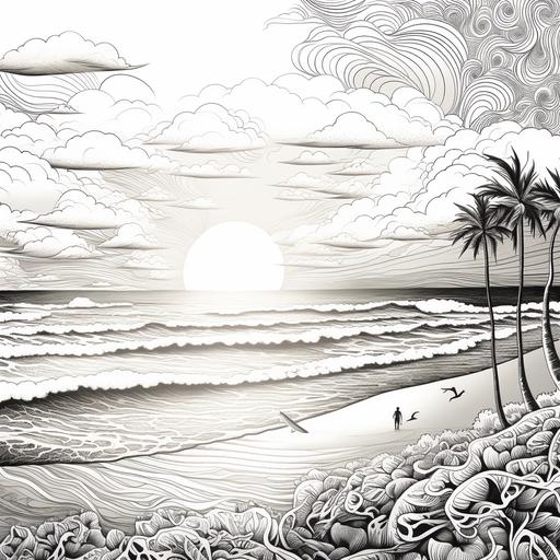 A boho illustration of a sunset surf session at Uluwatu, Bali, adorned with intricate details, pretty patterns and mandalas, just black and white, no shadows, adult colouring book style, in 4k quality, 600dpi, 3000x3000px.