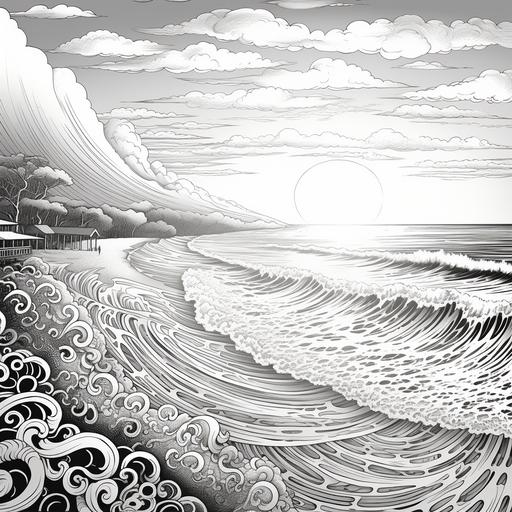 A boho illustration of a sunset surf session at Uluwatu, Bali, adorned with intricate details, pretty patterns and mandalas, just black and white, no shadows, adult colouring book style, in 4k quality, 600dpi, 3000x3000px.