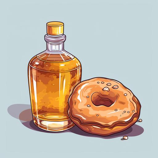 A bottle of whiskey next to a donut in cartoon style