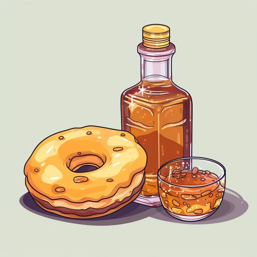 A bottle of whiskey next to a donut in cartoon style