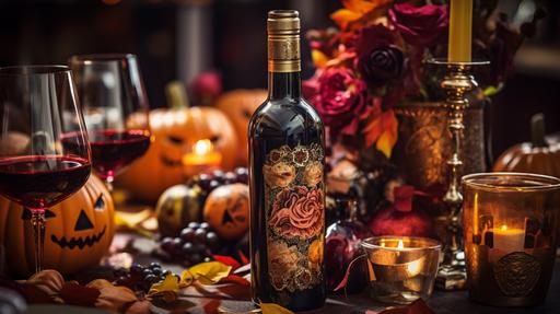 A bottle of wine from the Halloween feast，Cocktail party, banquet,cat, stock photography, rich colors, photography, editorial photography, 16mm lens, f/2.8L III USM lens on a Canon EOS 5D Mark IV, wide angle, award winning photography, cinematic --ar 16:9