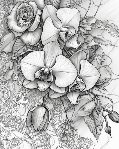 A bouquet of pastel-colored roses and orchids lying on an elegant lace tablecloth, black and white coloring page for adults, thick lines, greyscale --ar 4:5 --v 6.0