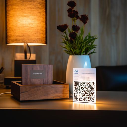 A boutique hotel reception desk with a board sign that includes QR code on it