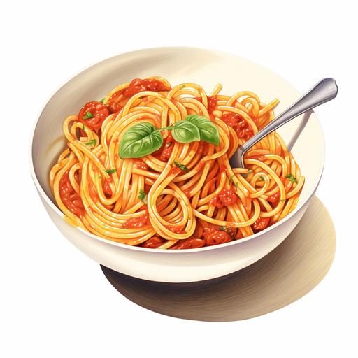 A bowl of traditional spaghetti with tomato sauce, Look thinner, sketch, 16k, hyper quality,fork not shown, spoon not shown,white background