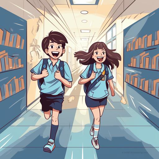 A boy and a girl are junior high school students, running in the corridor of the school. There are other students in the corridor. The proportion of the human body is 3 heads and body, and the outline is made of lines 