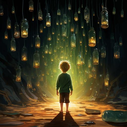 A boy inside the warehouse He turned the big bottle with oil and from it dripped drops, like flying fireflies. cartoon