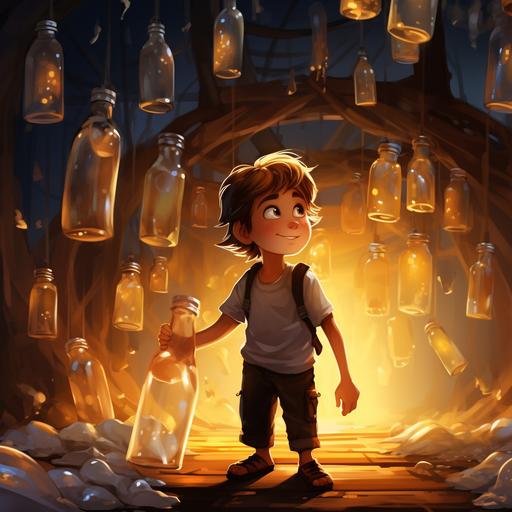 A boy inside the warehouse He turned the big bottle with oil and from it dripped drops, like flying fireflies. cartoon