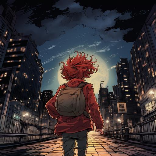 A boy running through the streets at night. street at night. Long red hair, Cartoon-like drawing,The boy is wearing a red leather jacket. Boy's back view, A tokyo city towers over the city, The boy is 30 years old. The boy is running off into the city. long sleeves and long pants. Her hair is shoulder-length.