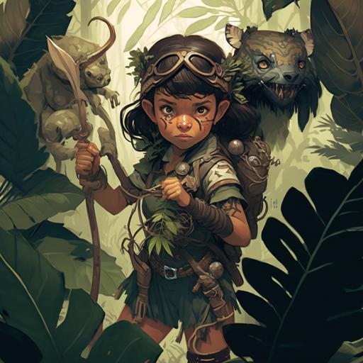 A brave young girl leading a group of adventurers through a treacherous jungle, filled with dangerous beasts and hidden treasures, wielding a sturdy bow and arrow, wearing a camouflage outfit that helps her blend in with the lush greenery, holding a map that leads them to their ultimate goal, by Instagram, Illustrator Q 2