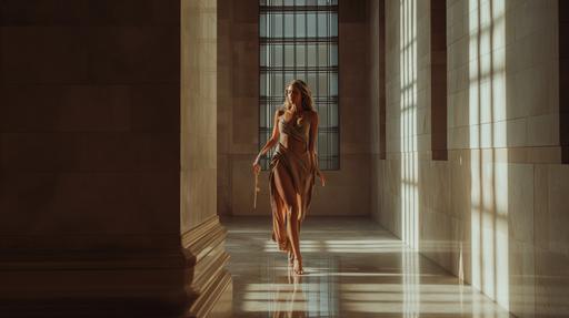 A breathtaking full-body cover image of a beautiful, extremely fit and toned, luxurious supermodel in a serene minimalistic scene walking towards the camera holding a vintage, gold key in the style of Greg Powers. 20mm f/2.8 lens. --ar 16:9 --v 6.0