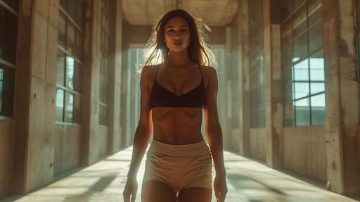 A breathtaking full-body cover image of a beautiful luxurious supermodel with an extremely fit and ripped abs holding a vintage key, walking towards the camera, in a serene minimalistic scene, shot in the style of Greg Powers. 30mm f/2.8 lens. --ar 16:9 --v 6.0 --s 750