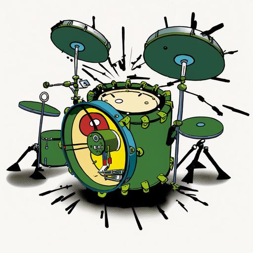 A bright punk-rock cartoon of the bass drum of a rock-band drum kit in the position in which it is set up and played. The sharp end of an open safety pin pierces the membrane of the drum. The safety pin is oversized, as big as the drum, the characteristic sea-shell-shaped clasp of the pin is visible. The drum is red, on a solid white background --ar 1:1