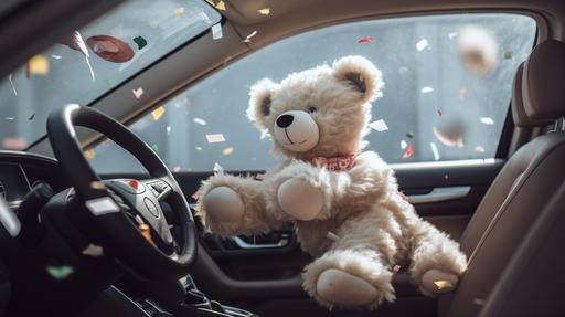 A bright scene from inside a white car, a stuffed toy is colliding with a steering wheel with toy stuffing floating around. Medium: photography, style: contemporary and polished, composition: Nikon D850 DSLR, NIKKOR 35mm f/1.8G lens, Resolution: 45.7 megapixels, ISO sensitivity: 250, Shutter speed: 1/200 second. --ar 16:9