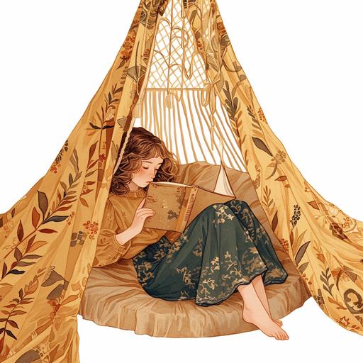A british girl wearing boho mindi dress was lying inside a boho woven bed canopy reading a book. On a white background where the background will be removed to repurpose as a clipart. A lovely and gentle style, hand-drawn style, refined illustration, rich details, on white background --niji 6