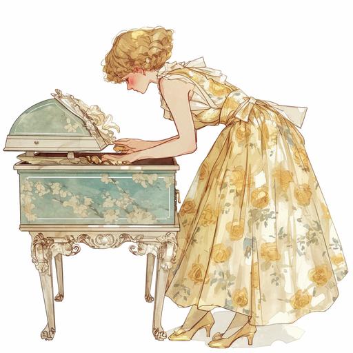 A british girl wearing boho mindi dress was opening an antique chest. On a white background where the background will be removed to repurpose as a clipart. A lovely and gentle style, hand-drawn style, refined illustration, rich details, on white background --niji 6