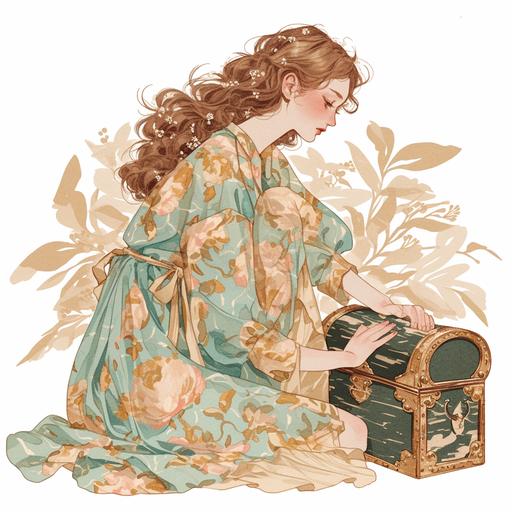 A british girl wearing boho mindi dress was opening an antique chest. On a white background where the background will be removed to repurpose as a clipart. A lovely and gentle style, hand-drawn style, refined illustration, rich details, on white background --niji 6