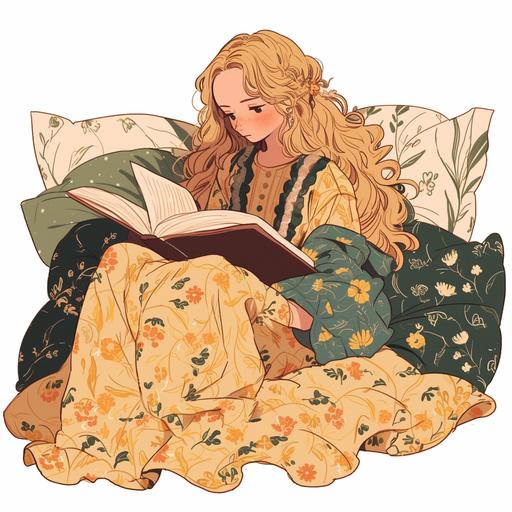 A british girl wearing boho mindi dress was sitting on a boho mudcloth bed reading a book. On a white background where the background will be removed to repurpose as a clipart. A lovely and gentle style, hand-drawn style, refined illustration, rich details, on white background --niji 6
