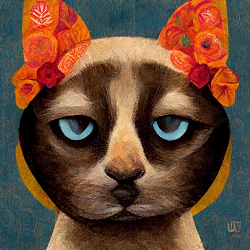 A brown siamese cat named Murray in the style of Frida Kahlo