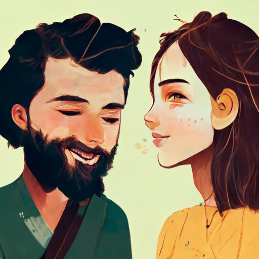 A brunette and bearded boy and a girl meet for coffee for the first time and flirt over coffee in a cafe. HD. draw faces clearly. cafe in the garden.