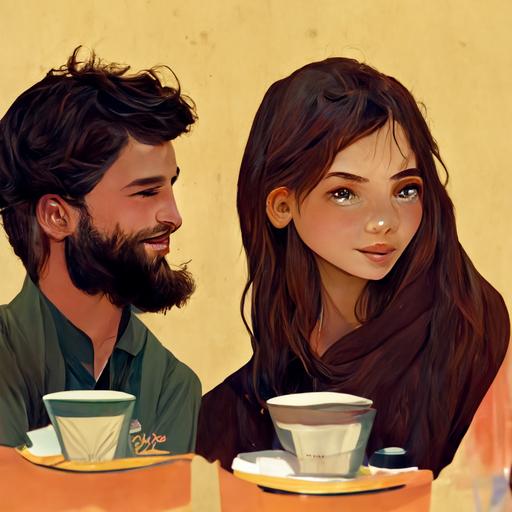 A brunette and bearded boy and a girl meet for coffee for the first time and flirt over coffee in a cafe. HD. draw faces clearly. cafe in the garden.