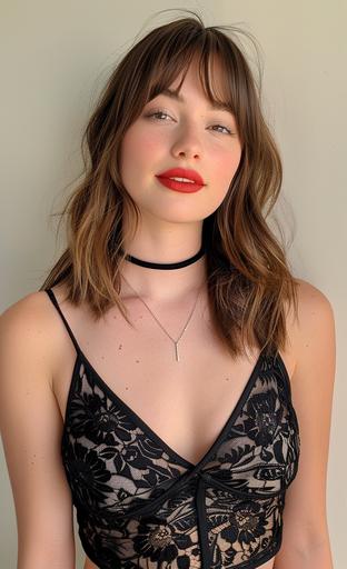 A brunette woman with long hair and bangs, wearing a black lace top and a choker necklace around her neck, with smokey eyes makeup and red lipstick, posing for a photo in a room, looking at the camera, shot on an iphone. --ar 45:74 --c 35 --s 400 --v 6.0