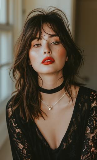 A brunette woman with long hair and bangs, wearing a black lace top and a choker necklace around her neck, with smokey eyes makeup and red lipstick, posing for a photo in a room, looking at the camera, shot on an iphone. --ar 45:74 --c 35 --s 400 --v 6.0