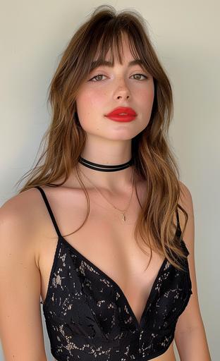 A brunette woman with long hair and bangs, wearing a black lace top and a choker necklace around her neck, with smokey eyes makeup and red lipstick, posing for a photo in a room, looking at the camera, shot on an iphone. --ar 45:74 --c 35 --s 400 --v 6.0