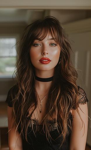 A brunette woman with long hair and bangs, wearing a black lace top and a choker necklace around her neck, with smokey eyes makeup and red lipstick, posing for a photo in a room, looking at the camera, shot on an iphone. --ar 45:74 --c 35 --s 400 --v 6.0