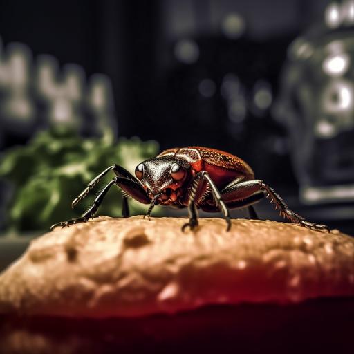 A bugs burger in the sec XXI! 4K, Funny, adorable bugs, Shot by cannon 35mm , ISO 400, Low light, full details. A human in meedle. --v 5.1
