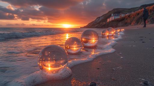 A bunch of about 4 different size isometric glass globes on a beach on the shallows of sea meets sand, beach is on rhossili bay swansea, worms head is in the distance the beach is in swansea wales lens is 24mm, camera is canon r3, time of day is sunset, slow shutter speed 30 seconds, with motion blur, of sea smooth around globe, use depth of field to create an ultra realistic image --ar 16:9 --s 750 --v 6.0