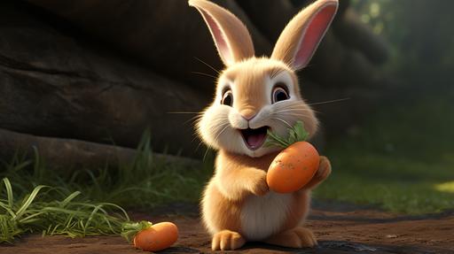 A bunny eating a carrot, Pixar style, high quality --ar 16:9