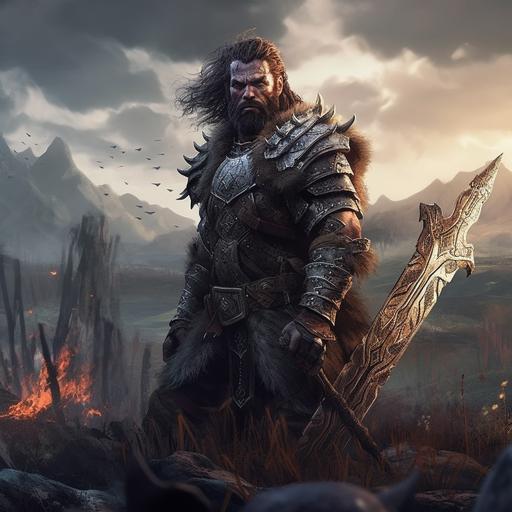 A burly warrior with close cropped hair smiles wryly while standing in the middle of a battlefield with a large sword propped on his back, a masterpiece, 8k resolution, dark fantasy concept art, by Greg Rutkowski, dynamic lighting, hyperdetailed, intricately detailed, Splash screen art, trending on Artstation, deep color, Unreal Engine, volumetric lighting, Alphonse Mucha, Jordan Grimmer --s 750 --v 5.1