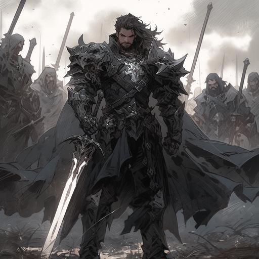 A burly warrior with close cropped hair smiles wryly while standing in the middle of a battlefield with a large sword propped on his back, a masterpiece, 8k resolution, dark fantasy concept art, by Greg Rutkowski, dynamic lighting, hyperdetailed, intricately detailed, Splash screen art, trending on Artstation, deep color, Unreal Engine, volumetric lighting, Alphonse Mucha, Jordan Grimmer --s 750 --niji 5
