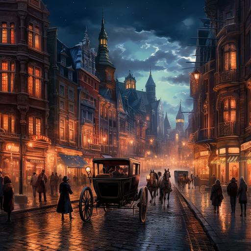 A bustling city street at dusk, where modern cars have been transformed into vintage horse-drawn carriages, and the yellow glow of streetlights is now the ethereal blue flame of gothic torches.
