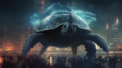 A bustling metropolis floating on a giant, ancient turtle's back, moving slowly through a vast, starry ocean, mixed media massurrealism art by James Seehafer, cinematic black bars top and bottom --ar 16:9