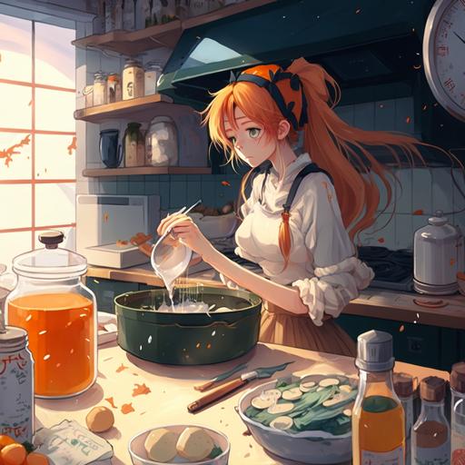 A busy kitchen, a lot of people, a 16-year-old girl with orange hair in the process of preparing ingredients, a sweaty girl:: anime::1 --v 4