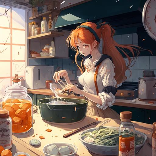 A busy kitchen, a lot of people, a 16-year-old girl with orange hair in the process of preparing ingredients, a sweaty girl:: anime::1 --v 4