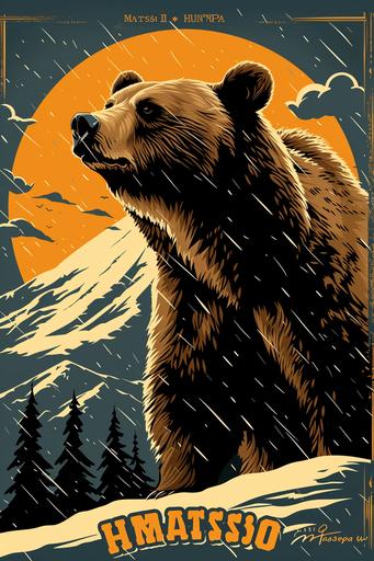 A calm brown bear standing in the snow with a stormy sky in the background. In the style of vintage flat bold vector advert poster. With the bold title 
