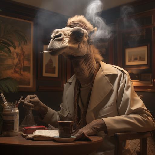 A camel sits at a desk smoking a Cuban cigar