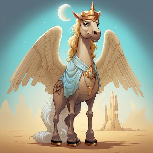 A camel with unicorn and angel wings, Disney cartoon style,
