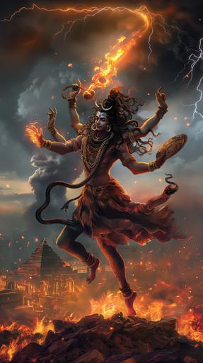 A captivating cinematic portrayal of Shiva as Nataraja, dancing gracefully on a pile of ashes amidst an apocalyptic landscape. The god is depicted with multiple arms, holding a drum, a fire in one hand, and a snake in another. The background is a chaotic scene of a volcano erupting, lightning striking through the stormy sky, and a city engulfed in flames. The dramatic atmosphere is heightened by the ominous clouds and the sense of a world on the brink of destruction.::3 --aspect 9:16 --version 6.0