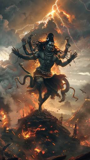 A captivating cinematic portrayal of Shiva as Nataraja, dancing gracefully on a pile of ashes amidst an apocalyptic landscape. The god is depicted with multiple arms, holding a drum, a fire in one hand, and a snake in another. The background is a chaotic scene of a volcano erupting, lightning striking through the stormy sky, and a city engulfed in flames. The dramatic atmosphere is heightened by the ominous clouds and the sense of a world on the brink of destruction.::3 --aspect 9:16 --version 6.0