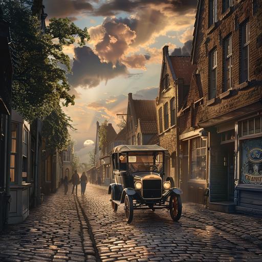 A captivating low-angle shot captures the charm of a cobblestone road stretching out before the viewer. In the distance, a classic Ford Model T gracefully cruises along the street. The warm glow of the sun hovers on the horizon, casting long shadows and illuminating the quaint streets. Pedestrians stroll along the curbs, drawn towards a welcoming pub nestled at the corner of the street. Flanked by rows of old, picturesque dutch architecture houses with gabled roofs, the scene is set in the 1930's, it feels like nostalgic embrace of days gone by. the streets seems like it just have rained and its hazy. some clouds are in the sky, it feels like a warm summer day. --s 50