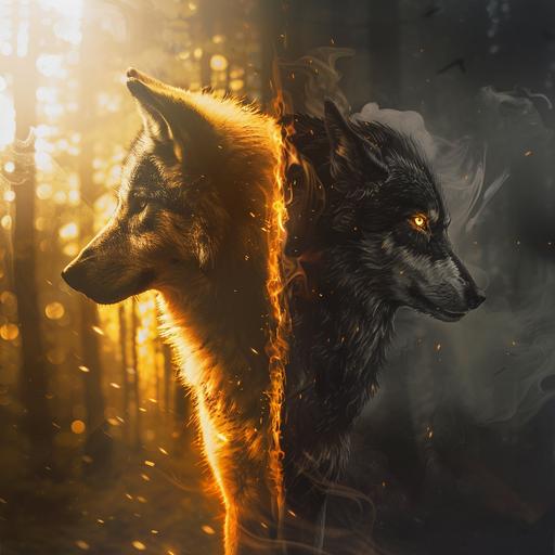 A captivating, split-screen image that visually represents the duality within us, inspired by the Cherokee parable. On the left side, depict a noble, calm wolf bathed in warm, golden light, symbolizing kindness and bravery. This wolf is serene, with a gentle gaze, standing amidst a tranquil forest setting. On the right side, contrast this with a shadowy wolf, enveloped in cooler, darker hues, representing anger and fear. This wolf appears more aggressive, with a stance and expression that convey its inner turmoil, set against a more ominous and stormy backdrop.