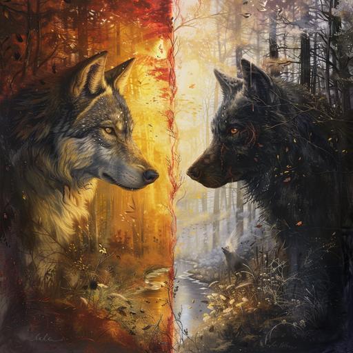 A captivating, split-screen image that visually represents the duality within us, inspired by the Cherokee parable. On the left side, depict a noble, calm wolf bathed in warm, golden light, symbolizing kindness and bravery. This wolf is serene, with a gentle gaze, standing amidst a tranquil forest setting. On the right side, contrast this with a shadowy wolf, enveloped in cooler, darker hues, representing anger and fear. This wolf appears more aggressive, with a stance and expression that convey its inner turmoil, set against a more ominous and stormy backdrop.